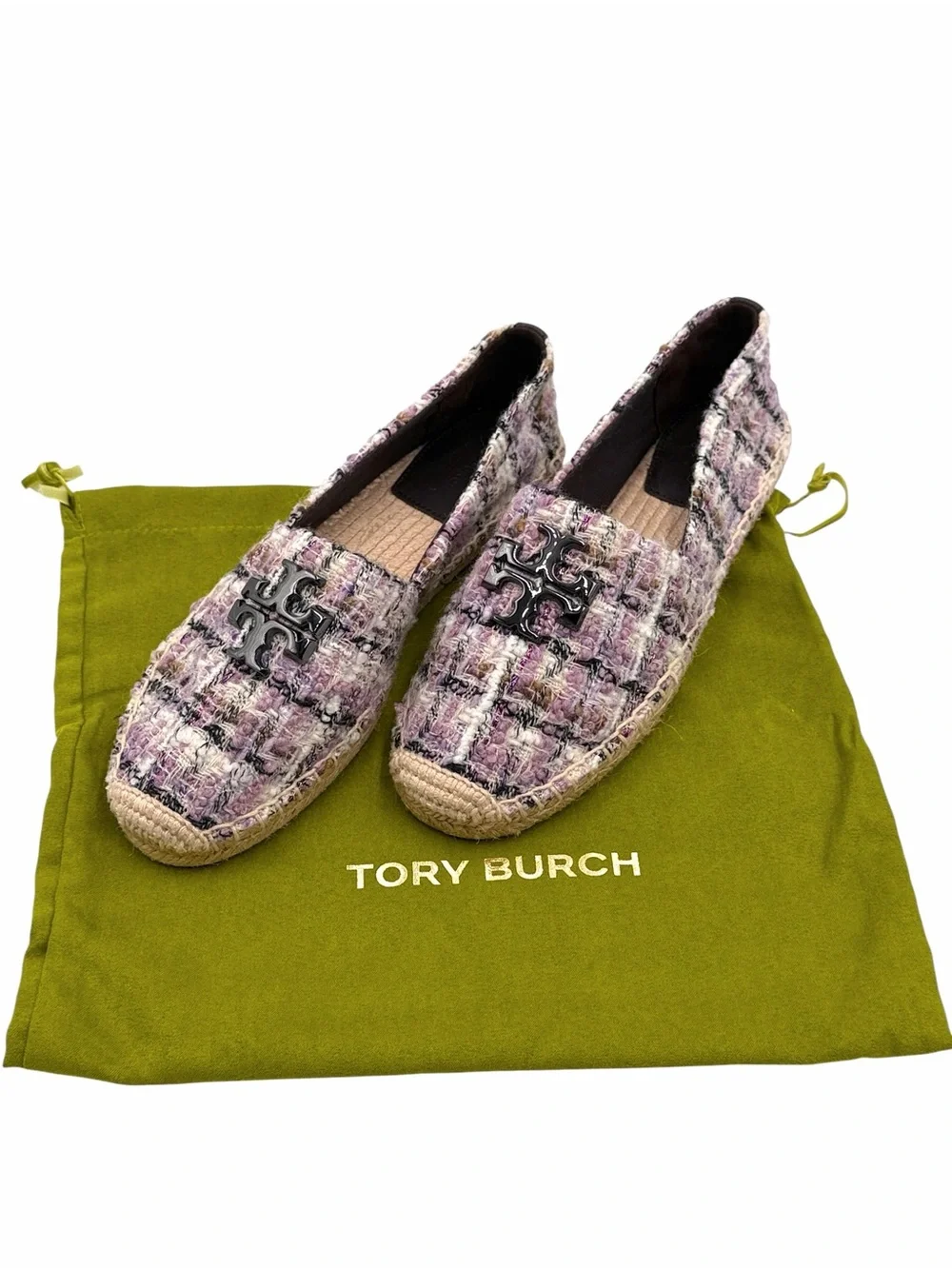 Tory Burch Everly Tweed Espadrille Slip-On Flats Double T Logo Size 8